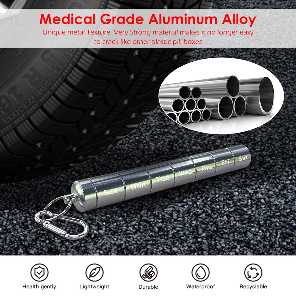 7 Day Travel Pill Organizer Weekly Metal Case Portable Box Container Waterproof - Image 2 of 4