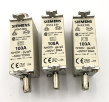 3 x Siemens NH000 gL/gG Industrial Fuse 100Amp 120kA 500v Square body 3NA3 830