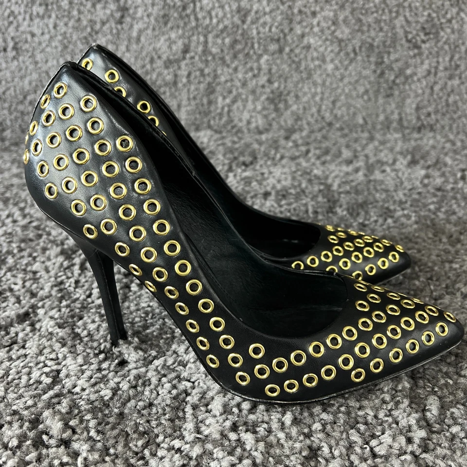 Steve Madden Heels Womens 9.5M Grommit Black Gold Leather Shoes Pumps Slip On - Image 4 of 4