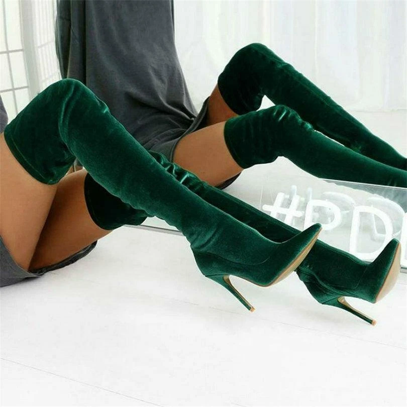 Green velvet thigh high best sale boots