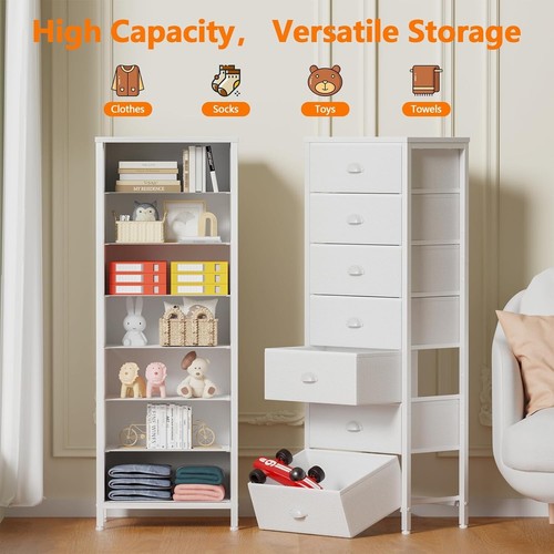 White Vertical Chest of Drawers with 7 Fabric Bins - Compact & Stylish Organizer - Picture 6 of 11