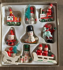 Vintage Wooden Christmas Ornaments - Set of 9 In Box - Snowman - Santa