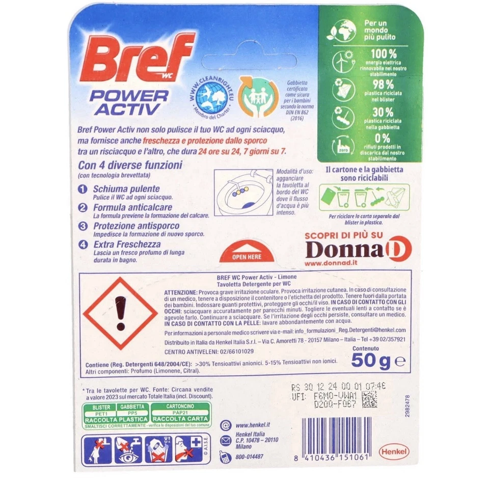 Bref WC Power Activ Lemon Detergente Profumatore Pulizia Freschezza 10pz - Immagine 3 di 3