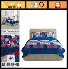Patriotic Quilt Set - 2-Piece Americana Stars  Plaid Microfiber Bedding Twin