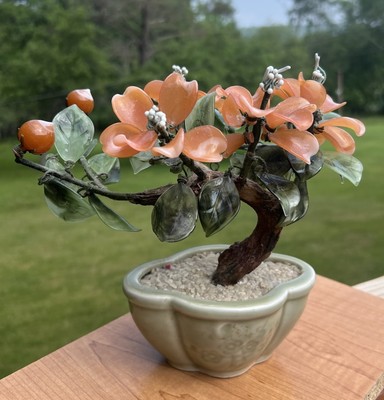 Vintage Asian Decor Glass Bonsai Tree With Peachy Pink Flowers 8  X 8  Used