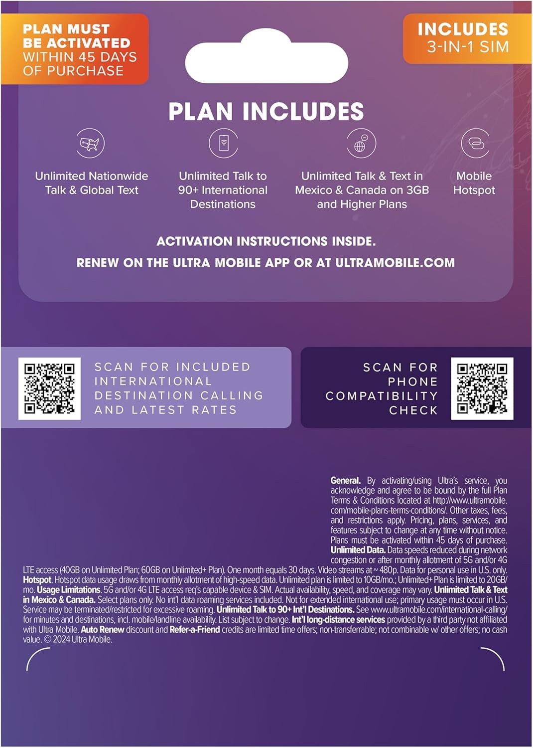 $24/mo. Ultra Mobile Prepaid Phone Plan with Unlimited Talk, Text, & 8GB of... 