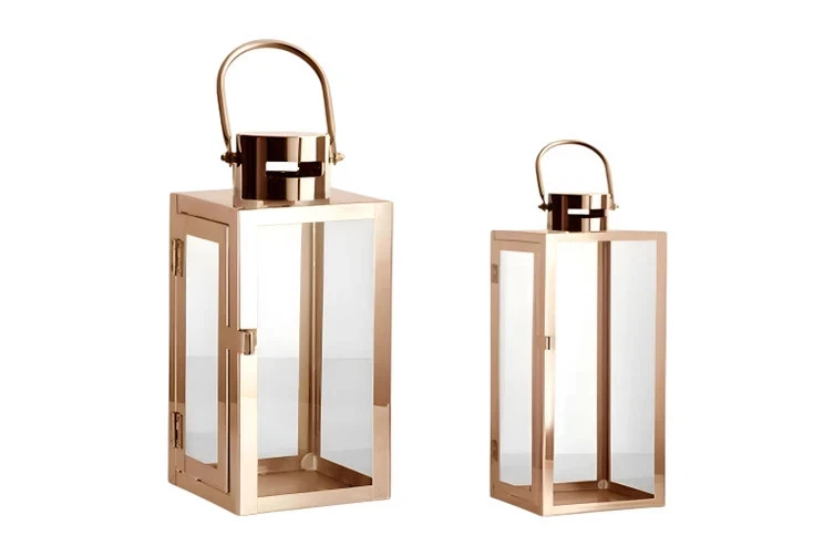 Set of 2 Modern Square Rose Gold Hurricane Stainless Steel Lantern Candle Holder - image 1 of 1