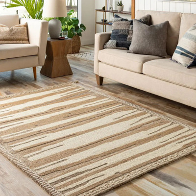 Hand Woven Cherokee Beige and Brown Wool Rug, Hand Woven Dhurrie Deco Rug