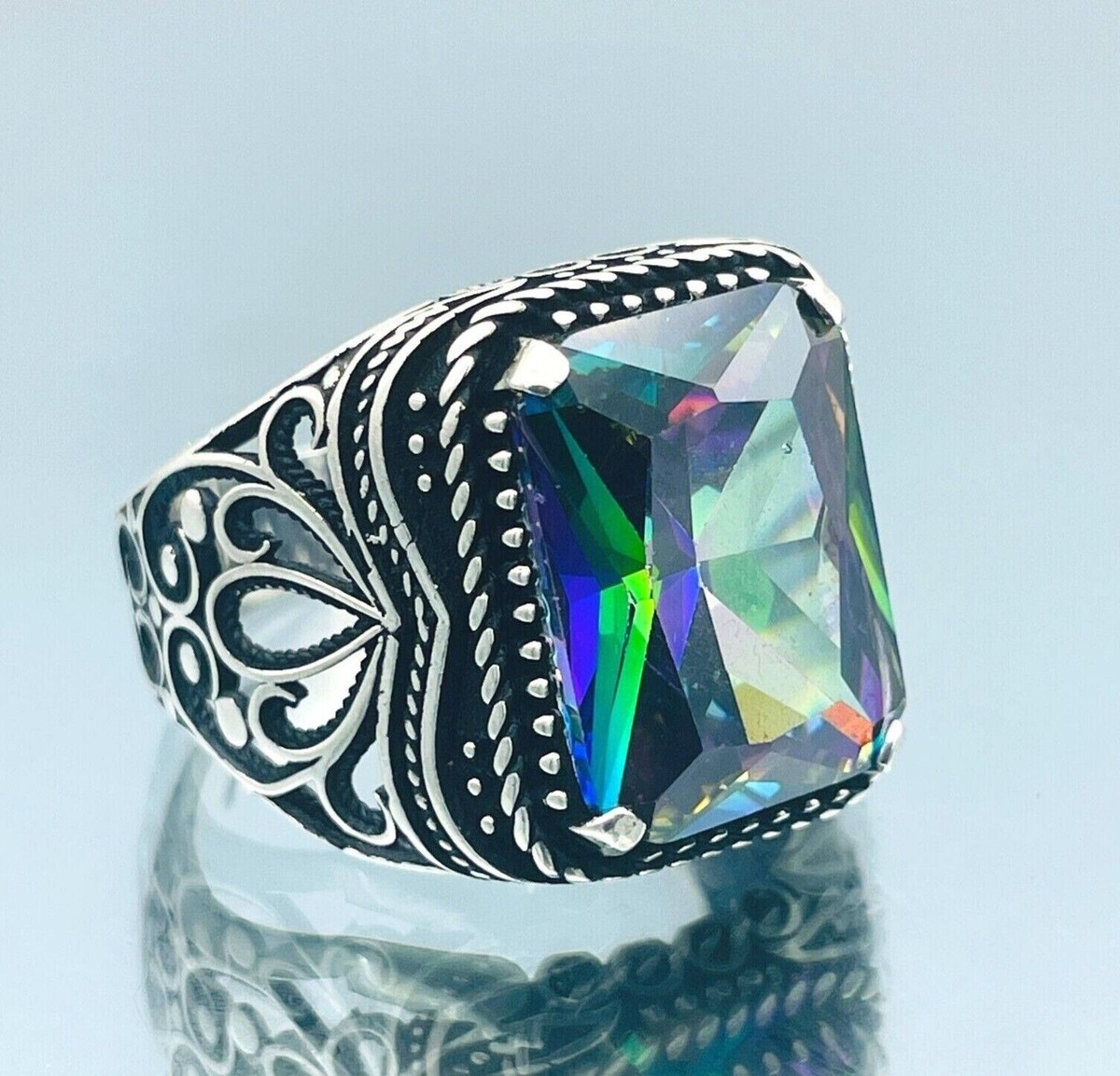 Men's Simulated Mystic Topaz 925 Sterling Silver Ring Turkish