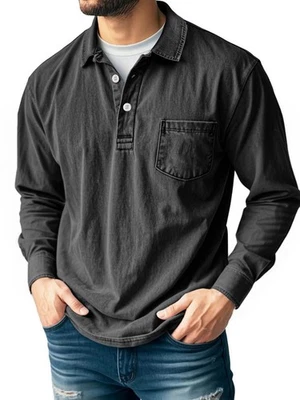 Mens Polo Shirt Long Sleeve Cotton Washed Casual Tops Vintage Distressed S - 5XL - Image 1 of 2