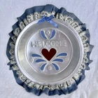 Vintage Cottagecore Primitive Pierced Pie Tin Welcome Sign 1980’s Blue Ruffle