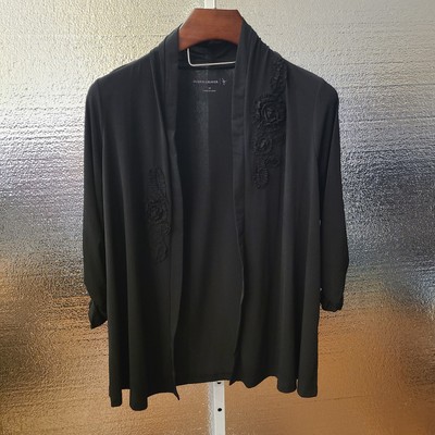 Susan Graver Liquid Knit Open Front Cardigan M Black 3/4 Ruched Sleeve Flower 