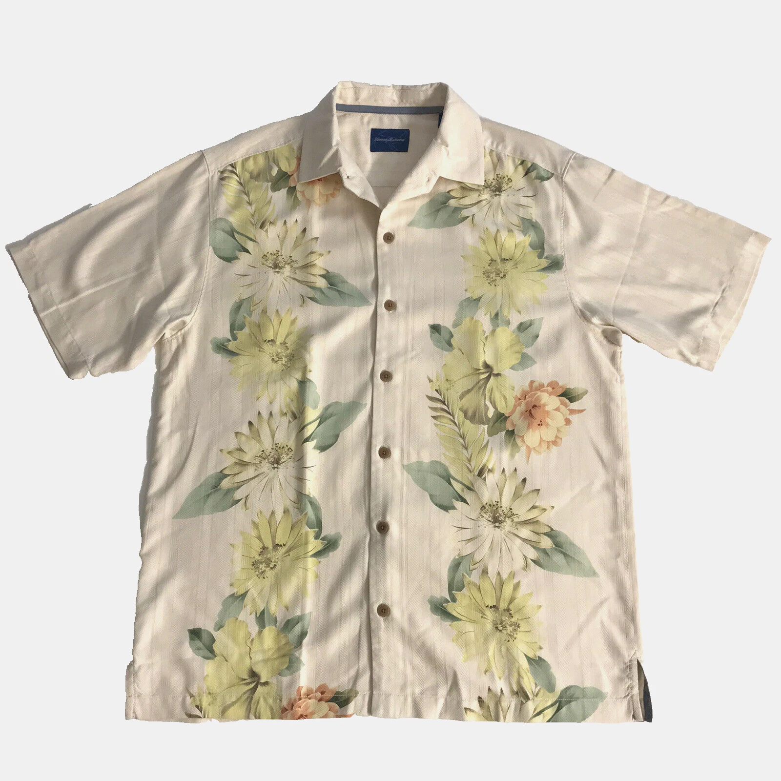 Tommy Bahama Men Shirt Floral Hawaiian Tropical Short Sleeve 100% Silk Ivory M
