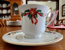 Poinsettias & Ribbons Cup & Saucer Set Tienshan Stoneware White Red Gold !