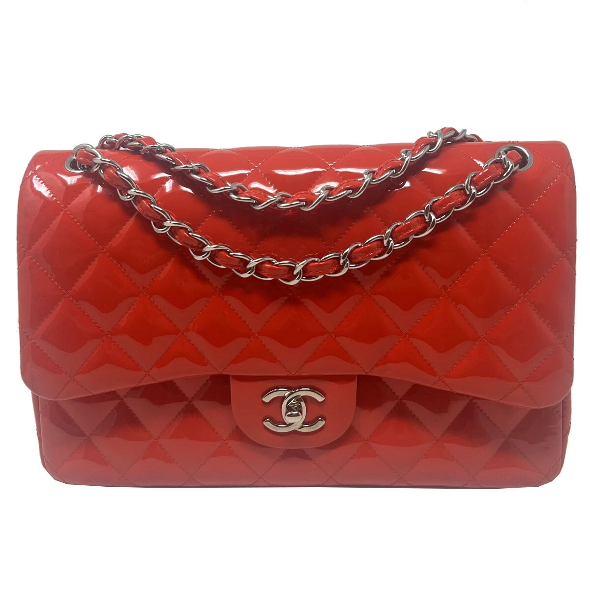 Chanel Classic Quilted Double Flap Patent Jumbo Bag in Dark Red