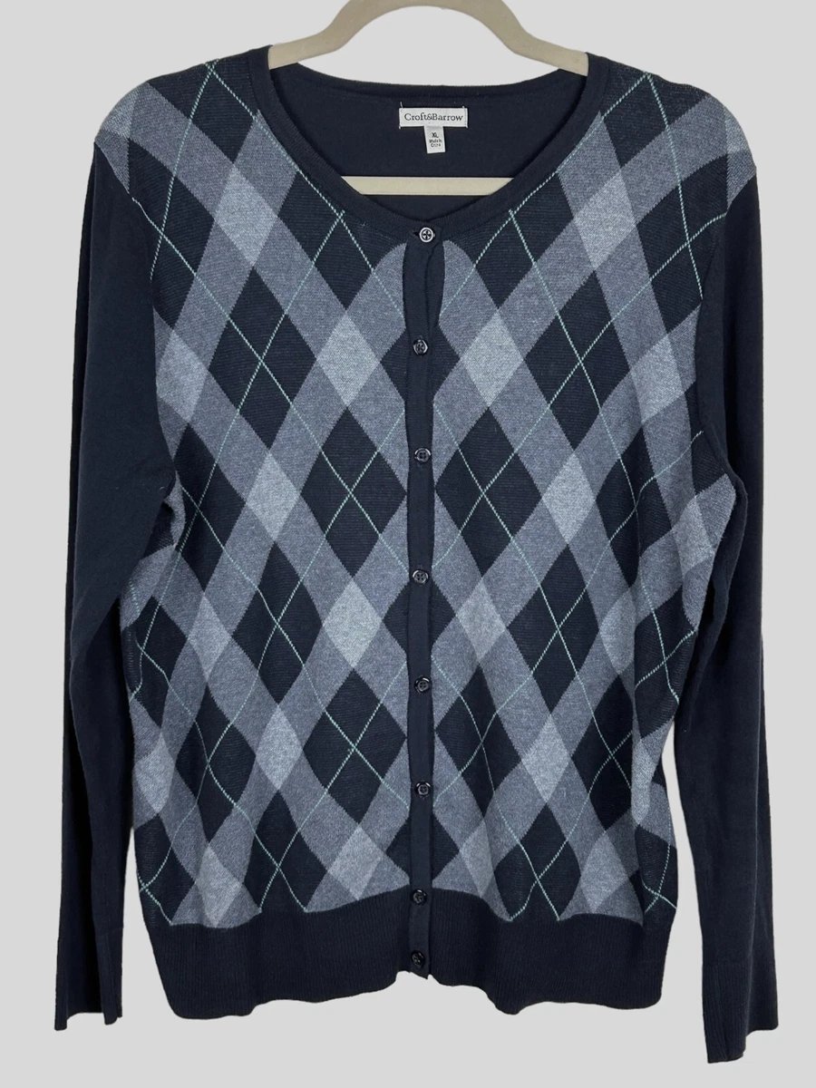 Croft Barrow Womens Argyle Cardigan Sweater XL Button Front Navy