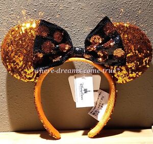 Disney Parks Black /& Orange Sequin Polka Dot Halloween Minnie Mouse Ear Headband