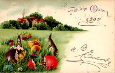 AK OSTERN HASEN MIT KÜCKEN AUF EINER WIESE COL. 1904