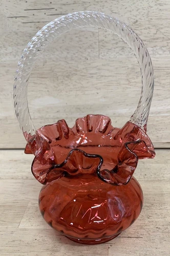 FENTON CRANBERRY RUFFLE TOP CLEAR TWISTED HANDLE BASKET - 95 Sticker on Bottom