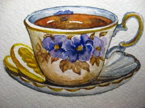 Watercolor Painting Ceramic Cup Tea Slice of Lemon Citrus Fruit ACEO Art Card 