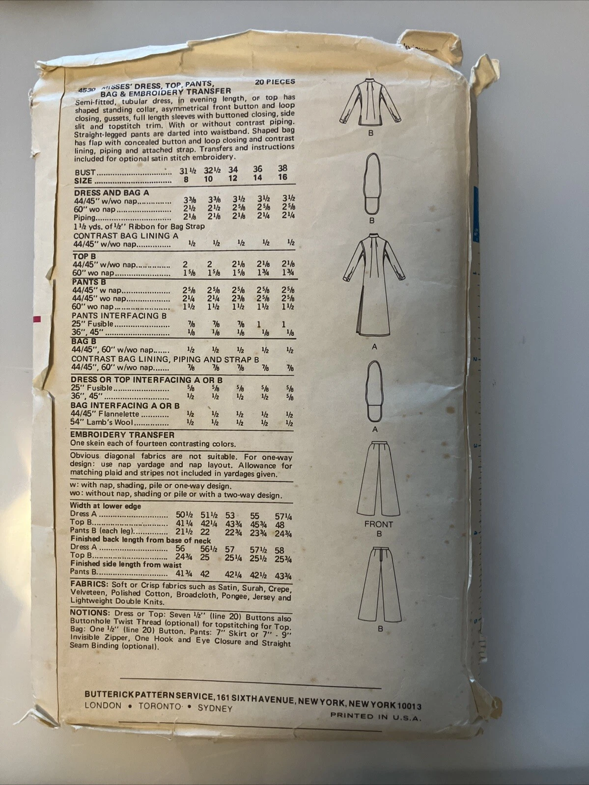 Vintage Butterick 4530 modello CUCITO manca Kenzo anni 70 tg 8