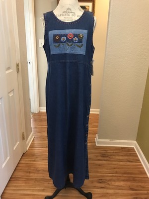 NWT Vintage Keren Hart Denim Jumper Size S Button Down Side Closure Embroidered