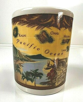 COFFEE MUG HAWAII THE SANDWICH ISLANDS CHAIN 1778 MAUI PACIFIC TRADERS COLORFUL