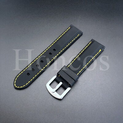 Black Rubber Silicone Replacement Watch Band Strap SS Buckle Yellow Stitching