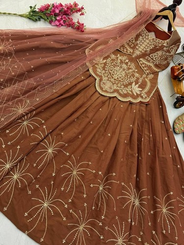 Wedding Style Brown Simmer Silk Top Lehenga With Dupatta For Women & Girls - Picture 7 of 15