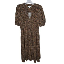 Treasure & Bond Women’s M Floral Print Midi Dress Brown Black Puff Sleeve Boho