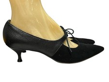 8 S Vtg 50s 60s Mary Jane Tie Shoes Kitten HEEL Black Suede Pebble Finish