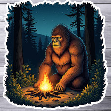 Bigfoot sticker vinyl decal sasquatch campfire forest night retro cartoon art