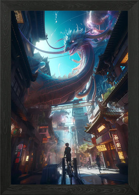 Fantasy Drache in der Stadt Gerahmtes Wandbild Poster Leinwanddruck Bild