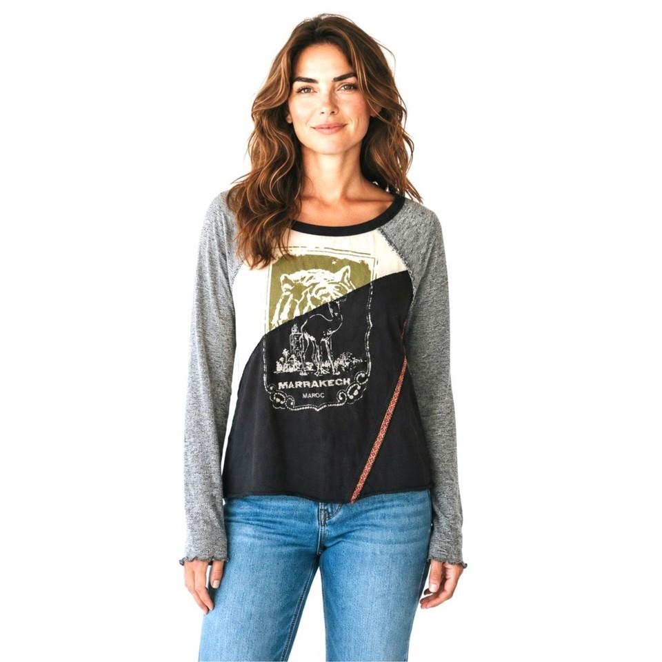 Free People Raglan Tee Graphic Print Marrakech Jersey Knit 100% Cotton Size M