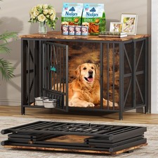 Dog Crate Furniture Foldable Heavy Duty Dog Cage Indoor with Two Feeding Bowls