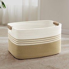 72L Large Woven Laundry Basket Hamper with Leather Handles,Khaki Khaki 72L