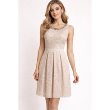 Eliza J Lace Fit Flare Cocktail Dress Champagne Gold Beaded Size 10