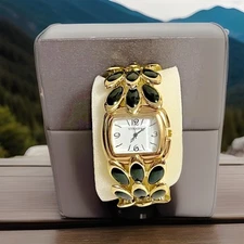 Strada Women's Quartz Watch Gold & Black Plastic Stretch Band New