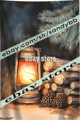 tapestry rustic oil lamp pinecones wood textures winter forest cabin 39X59 in