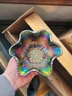 Super Pretty Purple Dugan Carnival Glass Petal & Fan Sauce Bowl Jeweled Heart Ex