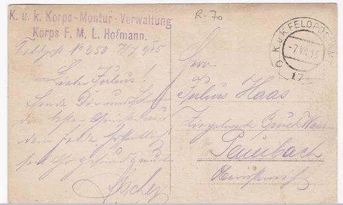K.u.K.Korps-Montur-Verwaltung Korps F.M.Hofmann,Feldpost 17 c,  1915