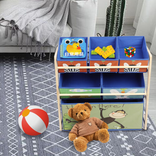Wooden Kids Children Toy Storage Rack shelf with 6 Bags tidy Organizer Playroom - Picture 3 of 17