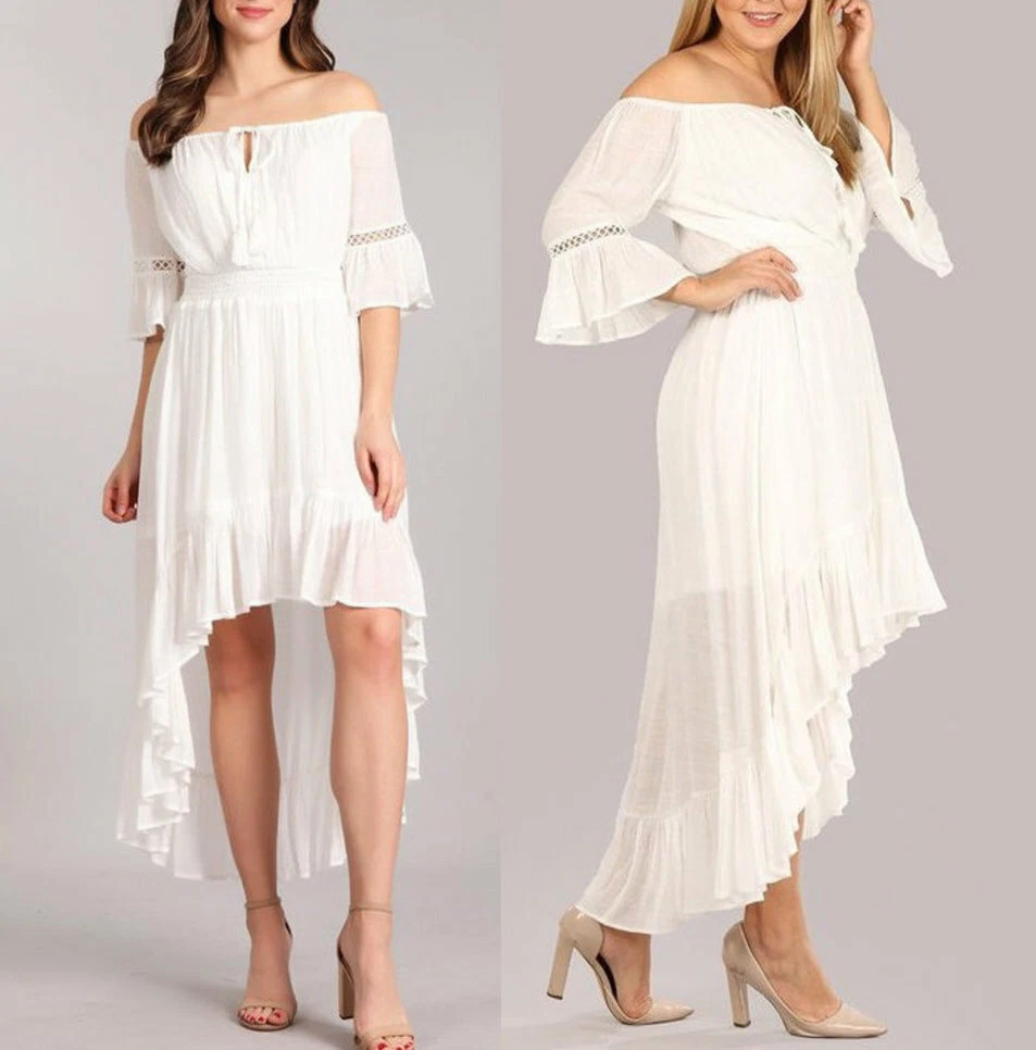 Boho Off Shoulder Bell Sleeve Hi Low Ruffle Peasant Maxi Dress