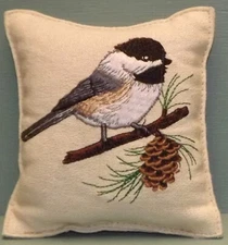 Paine's Balsam FIR Pillow Small 4"x4" Embroidered Chickadee Pine Sachet Pinecone