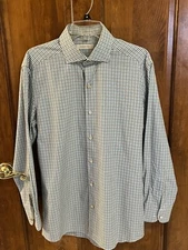 ERMENEGILDO ZEGNA Blue  & Brown Check Cotton button up  Shirt Large