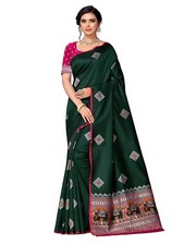 Women's Banarasi Silk Saree With unstitched Blouse Piece, Dark Green