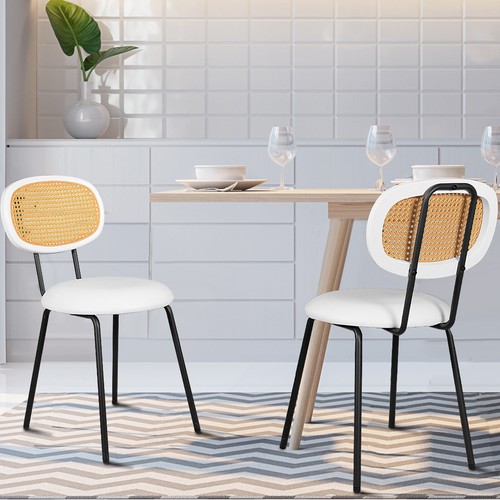 2x Dining Room Chairs with Upholstered Rattan Backrest Kitchen Living Room White - Picture 2 of 6