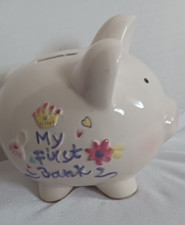 Vintage Ceramic My First Piggy Bank Hand Painted Flowers Decoration baby's room