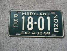 Maryland 1957 / 58 PSC  ZONE license plate   #  18 - 01