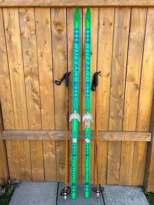Vintage Snow Skis 70'' Long Green Blue Color Finish with BAMBOO SKI POLES
